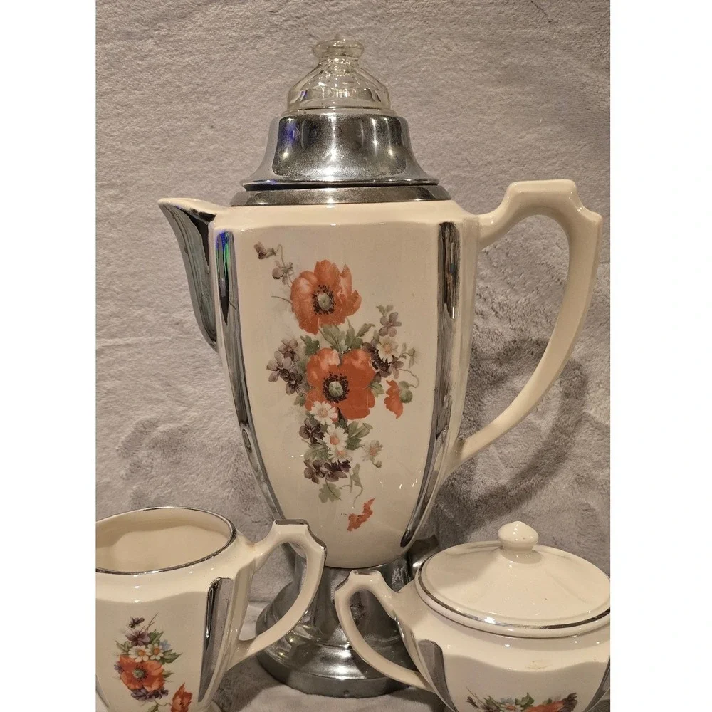 Vintage Anchor-Ware Floral Poppy Ceramic Coffee Percolator Sugar Creamer Set